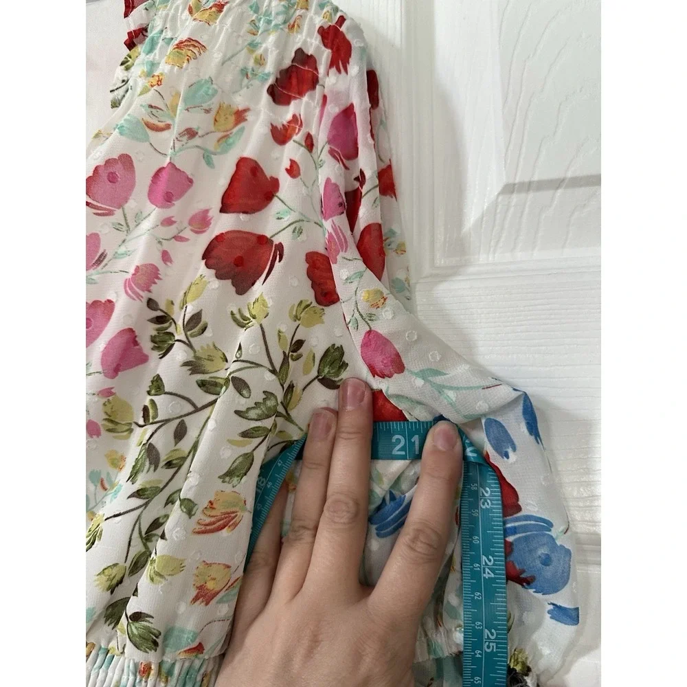 Maison Tara Floral Chiffon Clip Dot V Neck Smocked Midi Dress Size 10